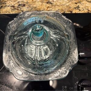 Vintage Indiana glass teal green butter dish